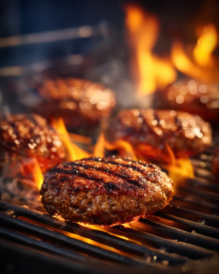 Grilled Hamburgers cooking over open flames with juicy beef patties and charred grill marks