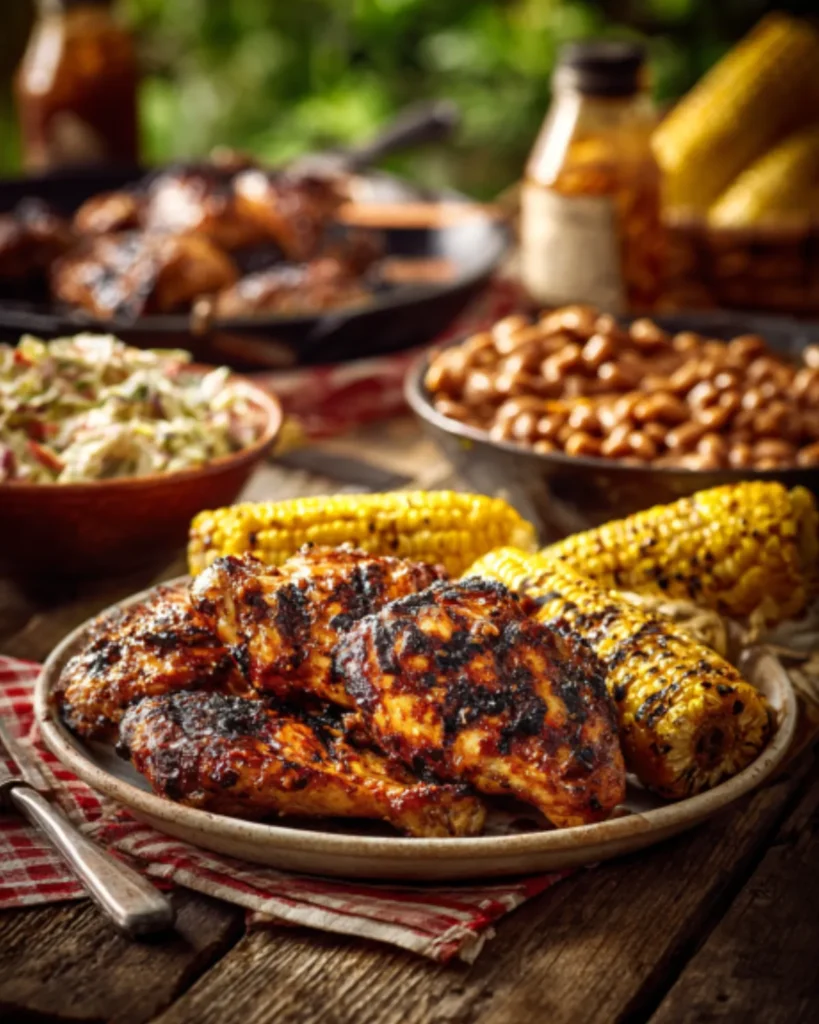 BBQ Chicken Marinade grilled chicken served with roasted corn coleslaw and baked beans on a rustic outdoor table