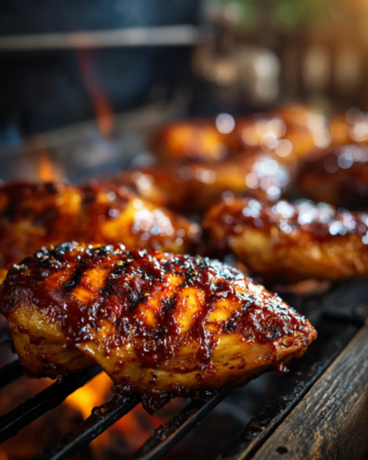 BBQ Chicken Marinade glazed chicken thighs grilling with smoky caramelized barbecue sauce over open flames