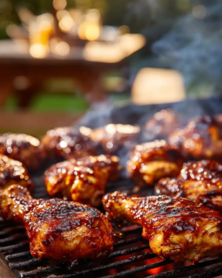 BBQ Chicken on Grill Recipe featuring glazed chicken pieces cooking on a smoky outdoor grill.