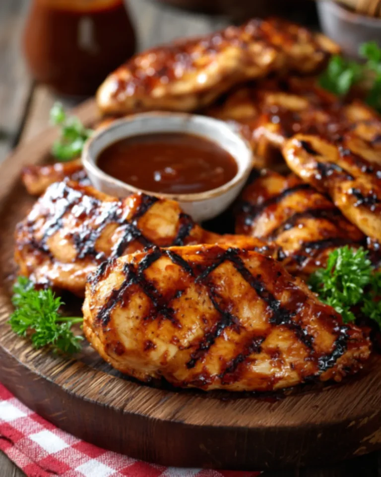 BBQ Grilled Chicken Marinade Recipe featuring juicy grilled chicken breasts with char marks served with barbecue dipping sauce on a wooden board.