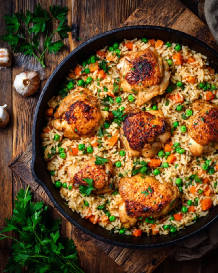 Chicken and rice skillet with golden chicken thighs, peas, carrots, parsley, and garlic on a rustic wooden table.