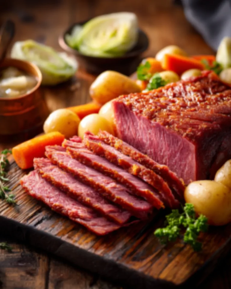 Corned Beef Recipes roast served with baby potatoes and carrots for delicious corned beef recipes