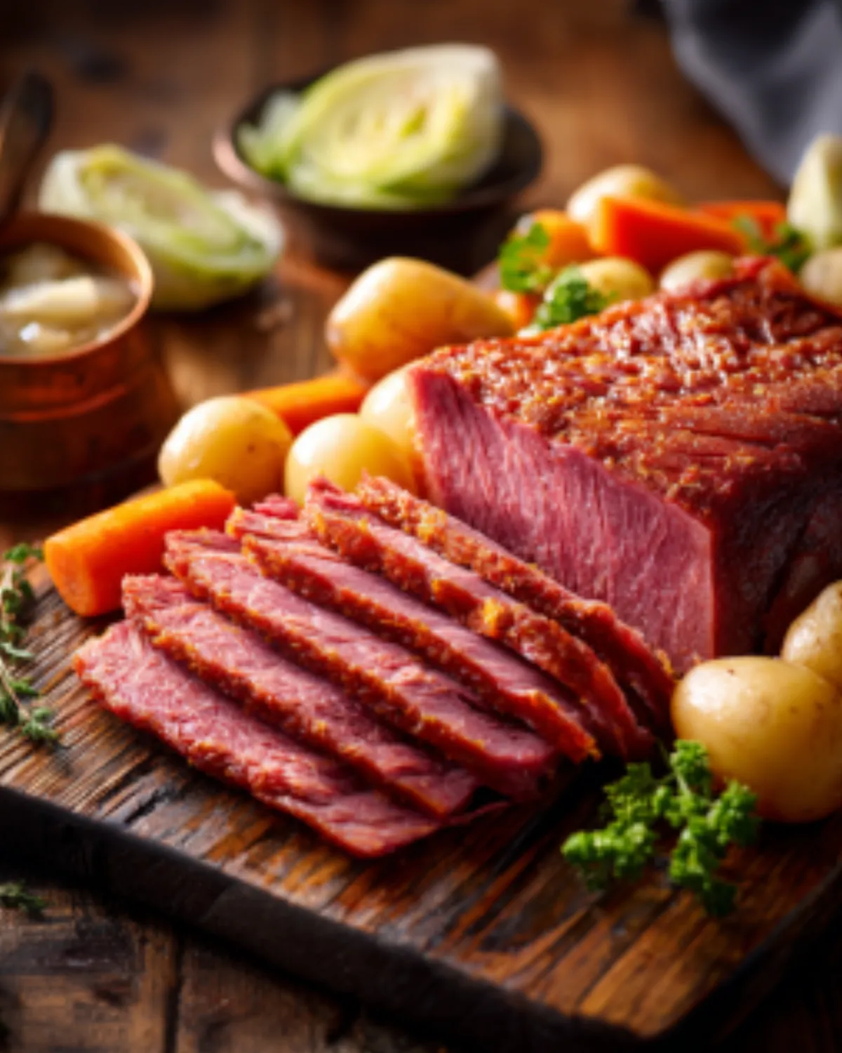 Corned Beef Recipes roast served with baby potatoes and carrots for delicious corned beef recipes