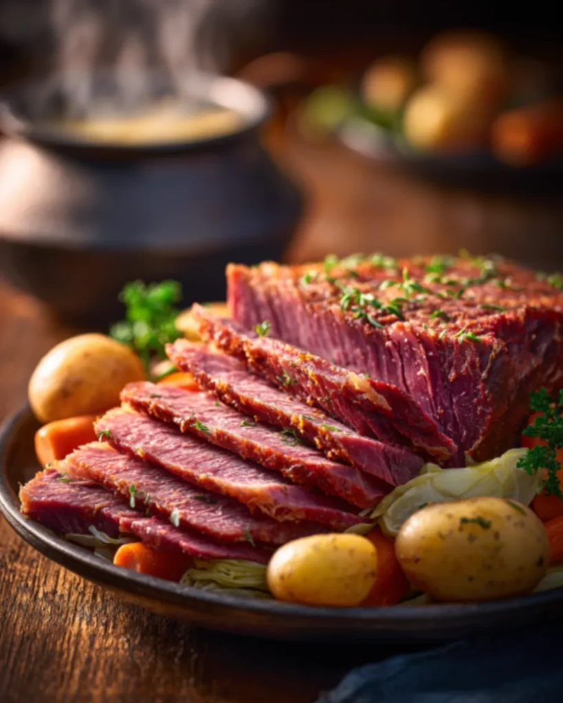 Corned Beef Recipe Oven featuring tender sliced corned beef served with potatoes, carrots, and cabbage on a rustic plate.
