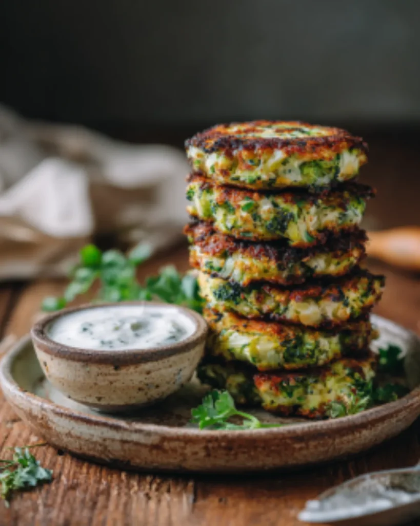 Easy Ground Chicken Recipes featuring crispy chicken zucchini fritters stacked on a plate with creamy herb dipping sauce.