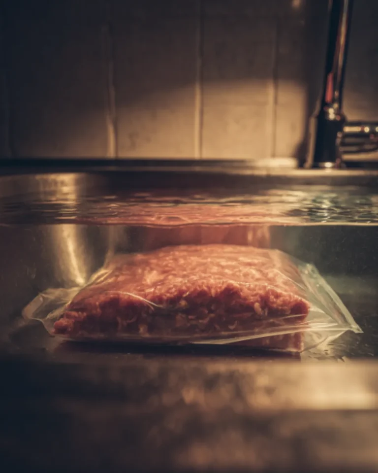 Vacuum-sealed ground beef thawing in cold water demonstrating how long to thaw ground beef using quick and safe methods.