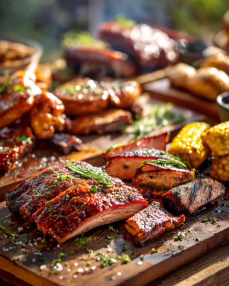 Meats BBQ platter with glazed ribs, grilled chicken, sliced smoked meat, corn on the cob, and fresh herbs.