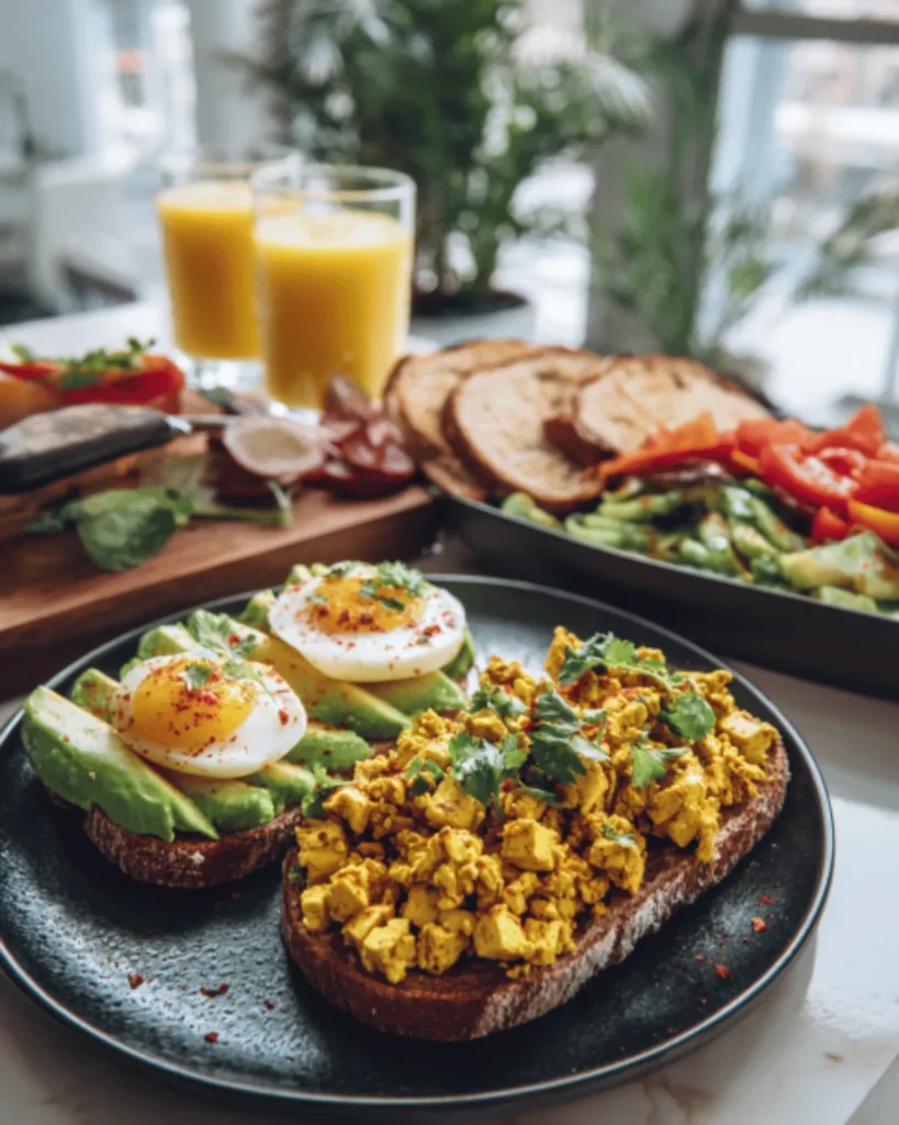Protein breakfast foods with avocado toast, boiled eggs, tofu scramble, fresh vegetables, and orange juice