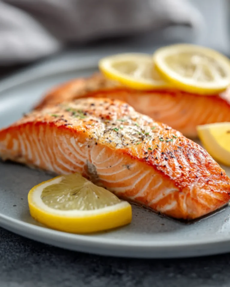 Perfectly cooked salmon fillet with lemon slices showing ideal salmon cooked temperature
