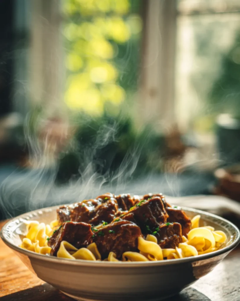 slow cooker beef tips served over noodles with rich gravy