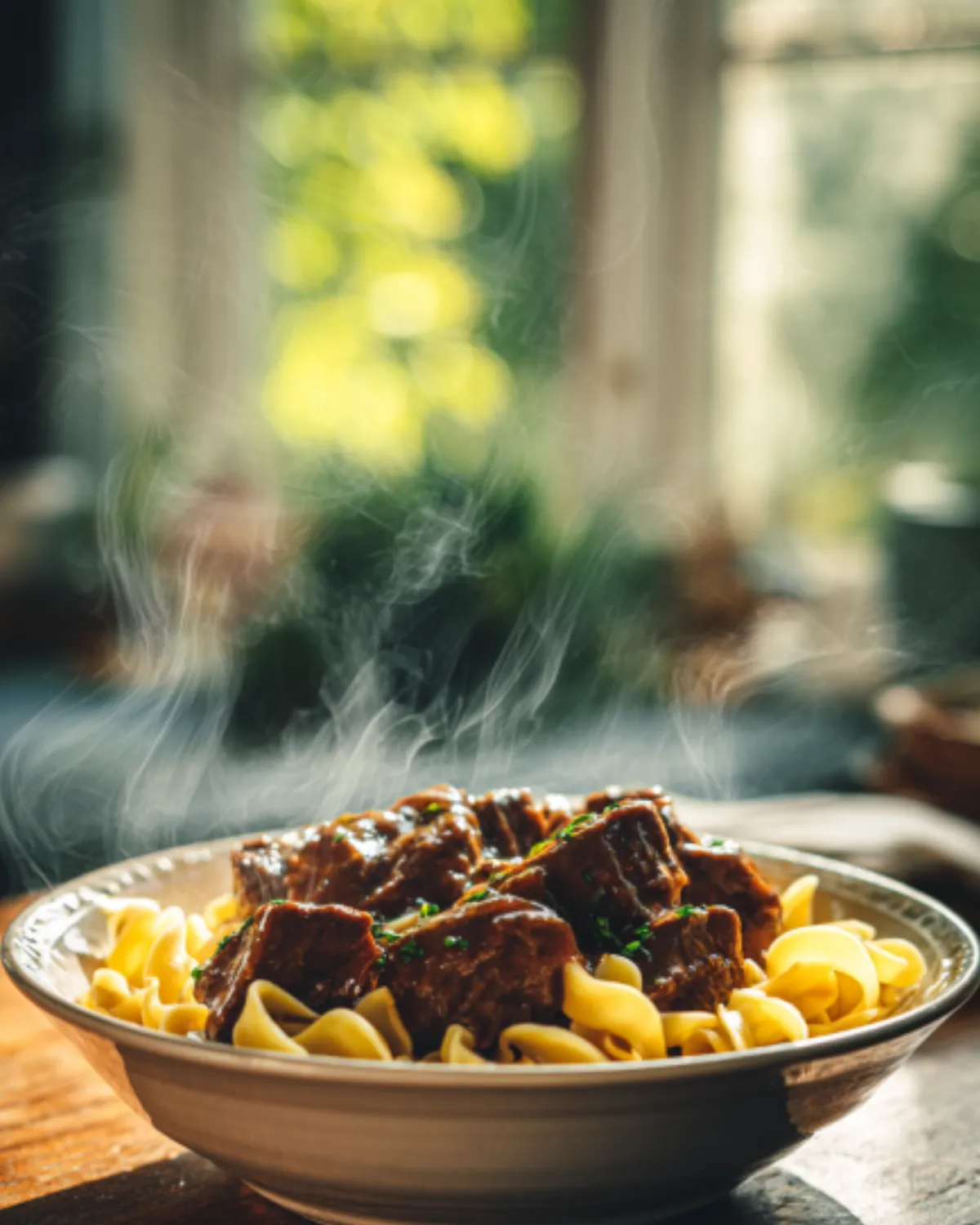 slow cooker beef tips served over noodles with rich gravy