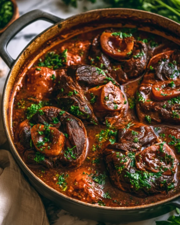 Raw beef shank recipe ingredients arranged on a white marble surface including beef shanks with bone, onions, carrots, celery, red wine, beef broth, garlic, herbs, lemon, and olive oil before braising.