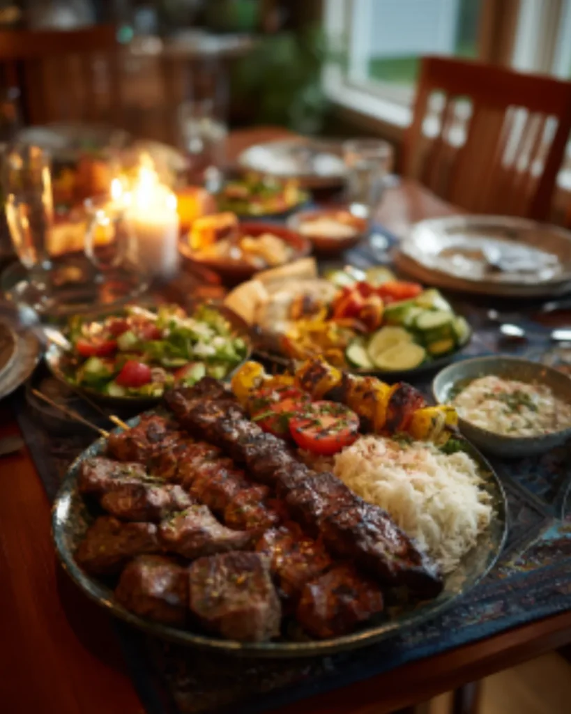 Halal meats platter featuring grilled kebabs, seasoned beef, rice, fresh salad, grilled vegetables, and dipping sauce served on a dining table.