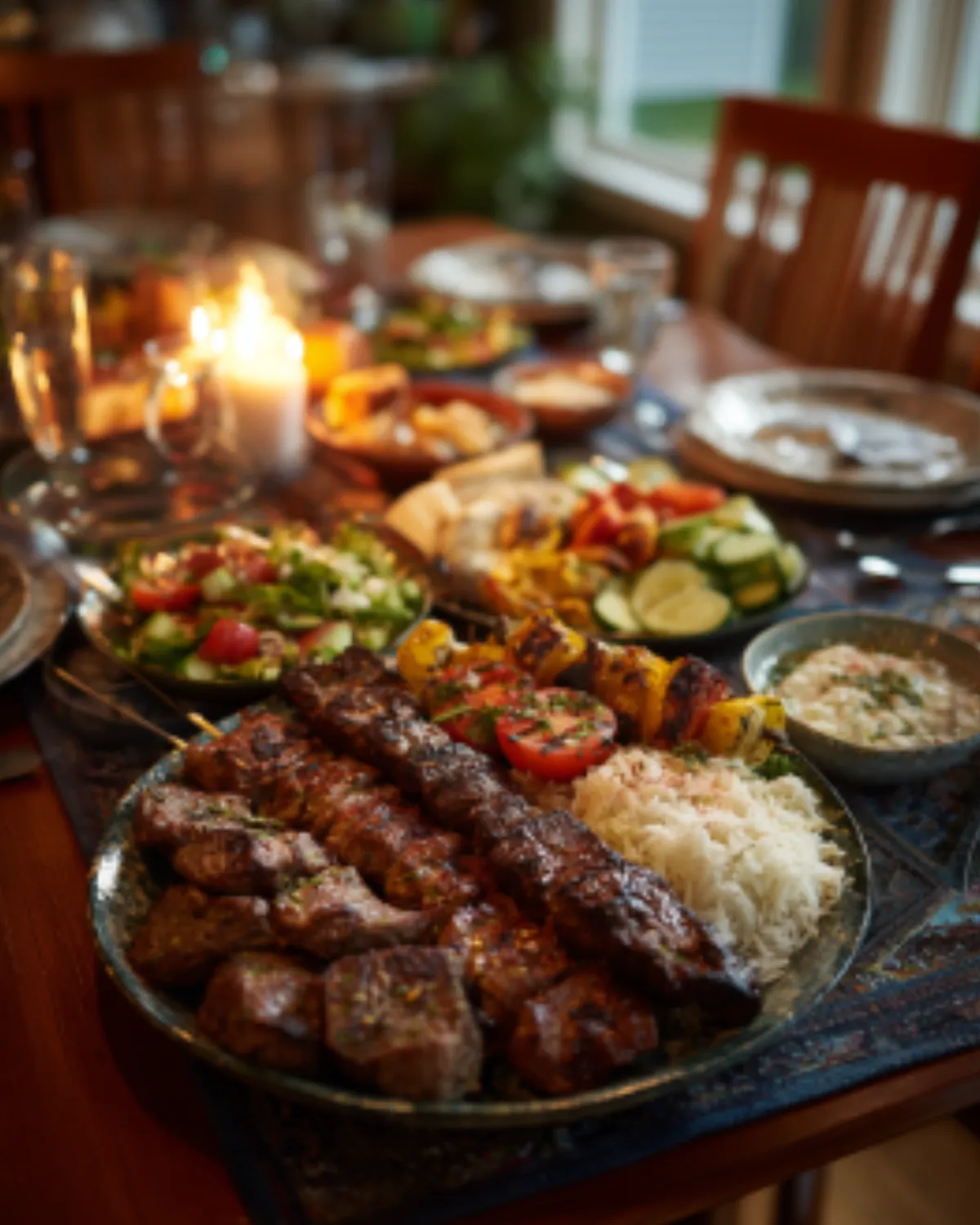 Halal meats platter featuring grilled kebabs, seasoned beef, rice, fresh salad, grilled vegetables, and dipping sauce served on a dining table.