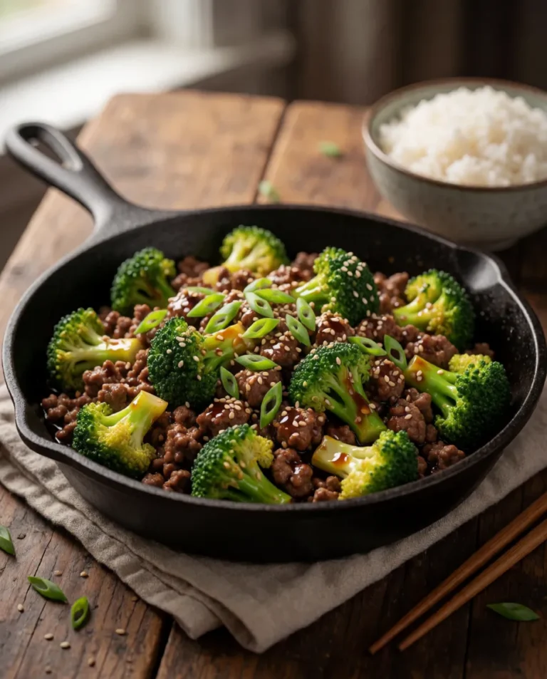 Healthy ground beef recipes featuring a one-pan ground beef and broccoli skillet made with lean ground beef, fresh broccoli, sesame seeds, and green onions in a cast-iron skillet.
