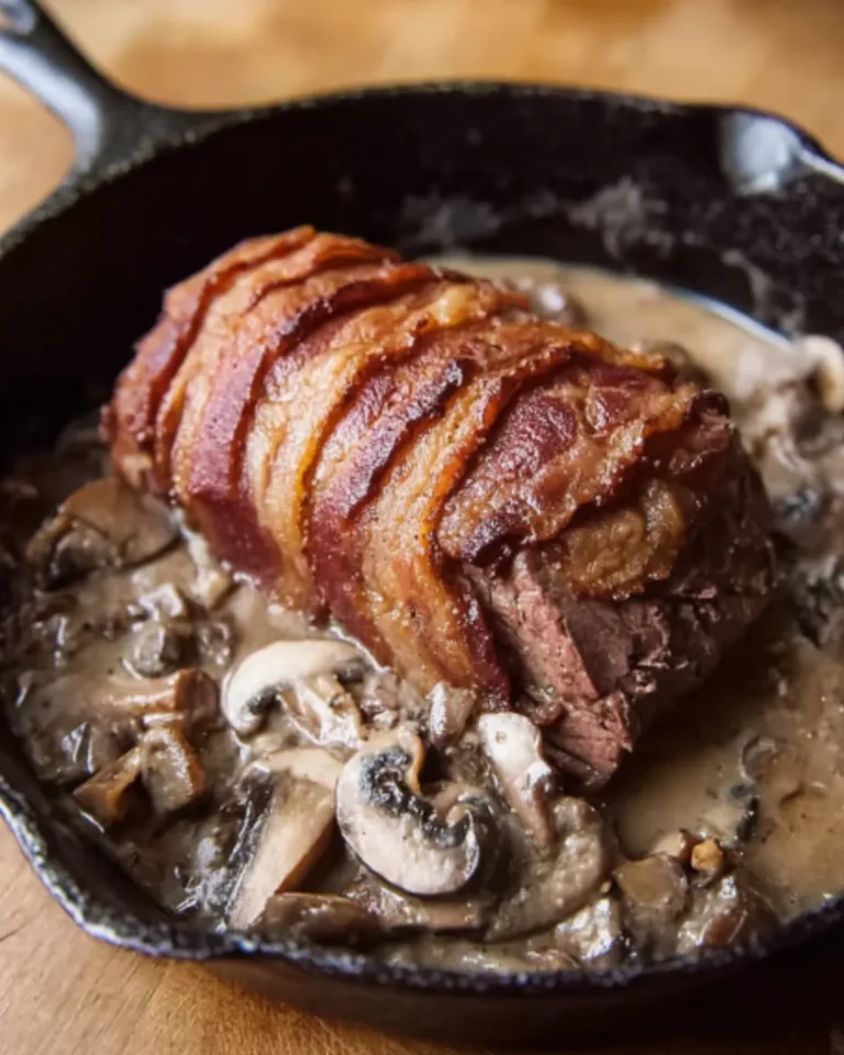 Quick Deer Meat Recipes featuring bacon-wrapped venison cooked in a cast iron skillet with creamy mushroom sauce.