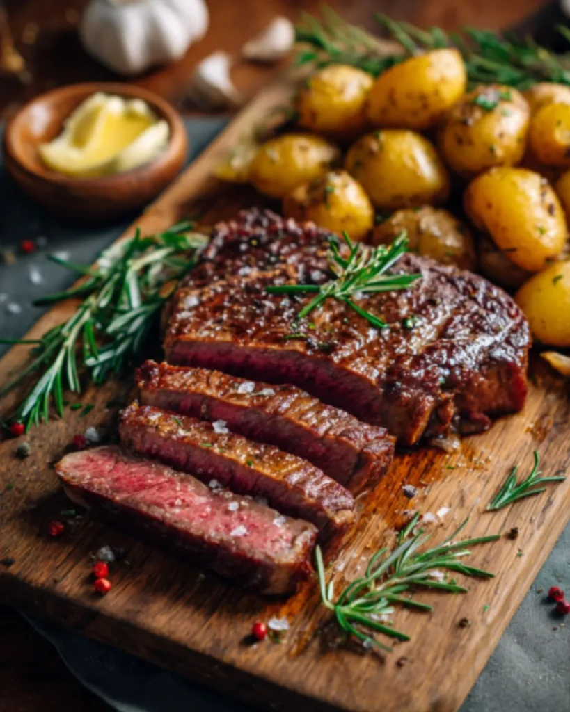 Red meats served as a perfectly grilled beef steak with roasted baby potatoes, fresh rosemary, and coarse sea salt on a wooden board.