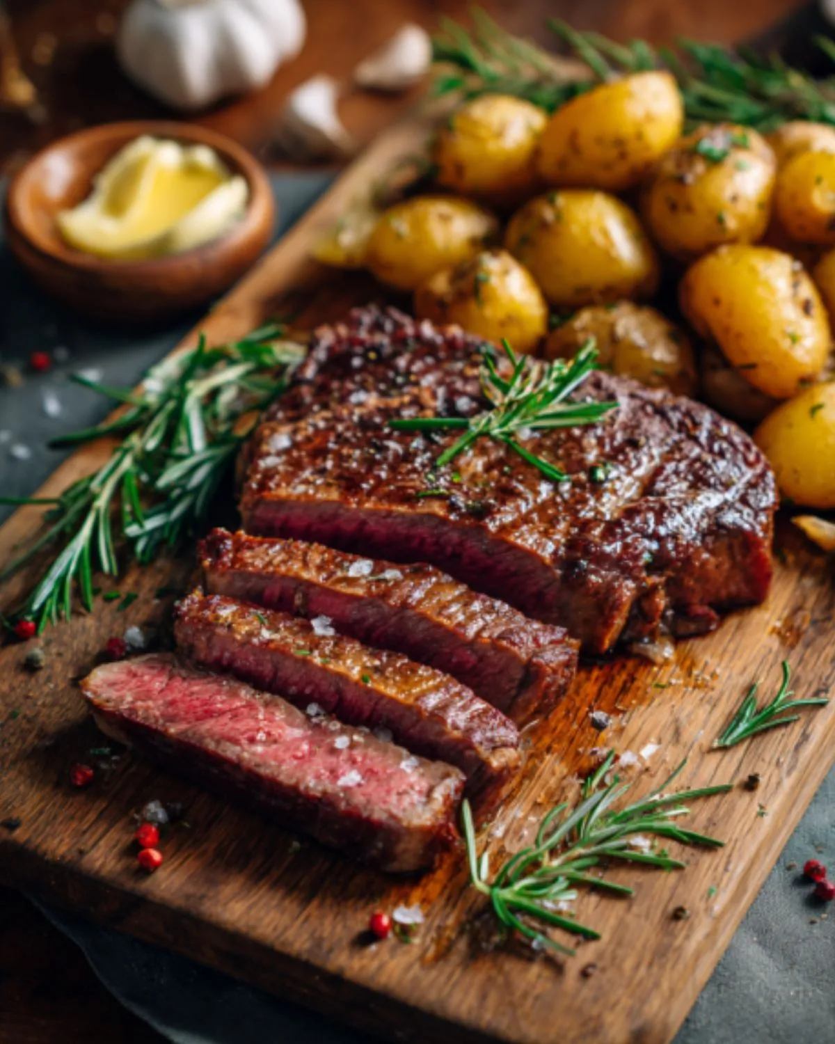 Red meats served as a perfectly grilled beef steak with roasted baby potatoes, fresh rosemary, and coarse sea salt on a wooden board.