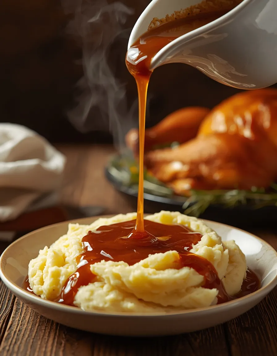 Homemade Gravy From Scratch poured over creamy mashed potatoes with roasted chicken in the background.