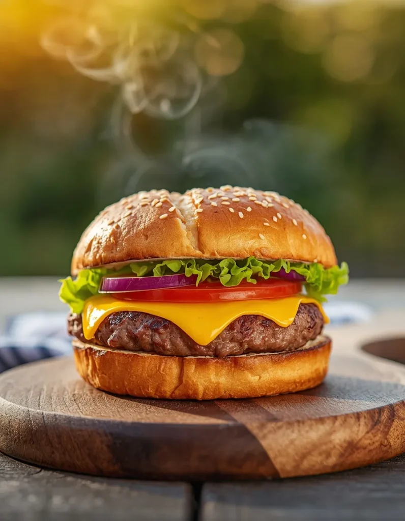 Burger Cooking Times guide featuring a perfectly grilled cheeseburger with melted cheddar cheese, lettuce, tomato, and red onion on a toasted sesame bun