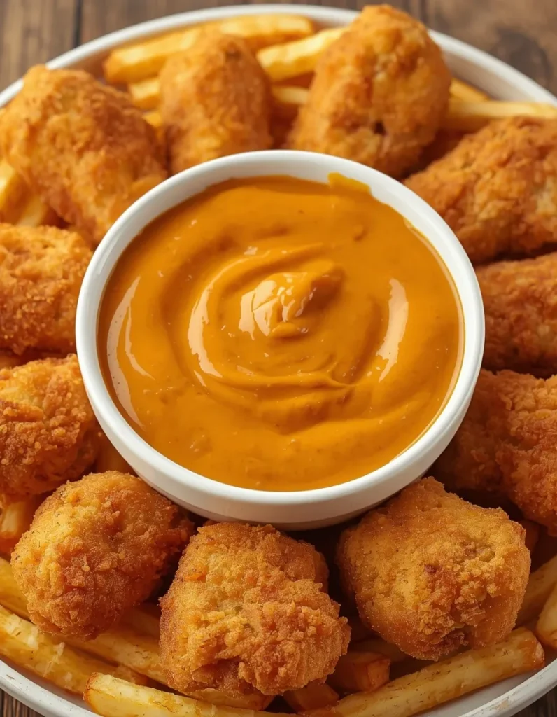 Homemade Chick Fil A Sauce Recipe served in a white ramekin with crispy chicken nuggets and French fries.