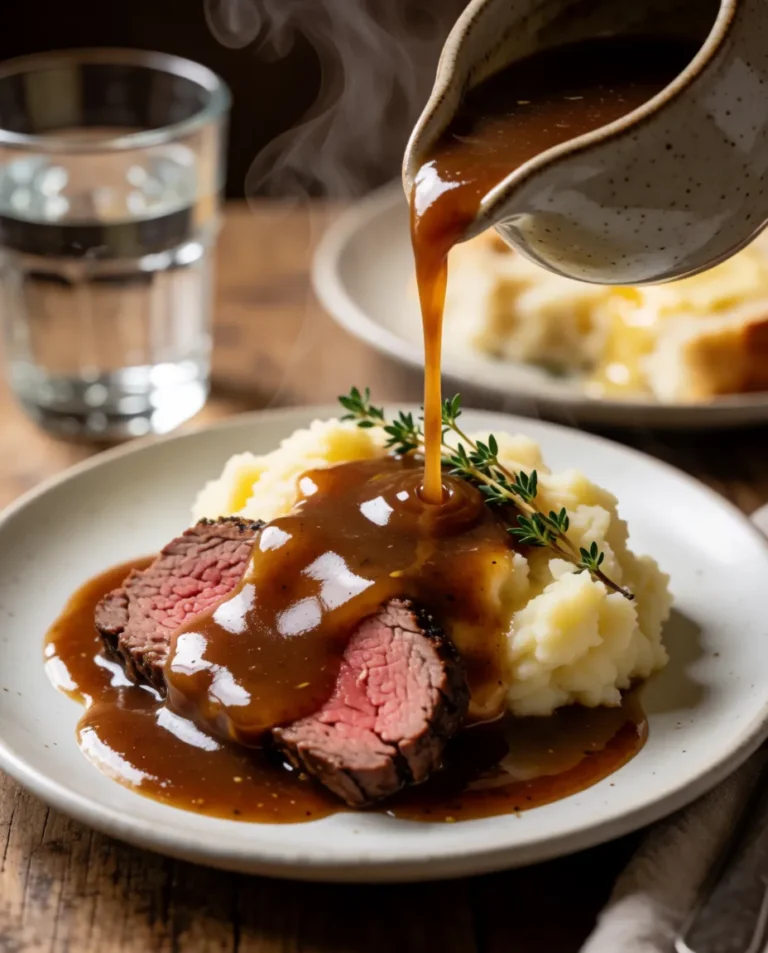 Homemade beef gravy recipe poured over sliced roast beef and creamy mashed potatoes with fresh thyme garnish.