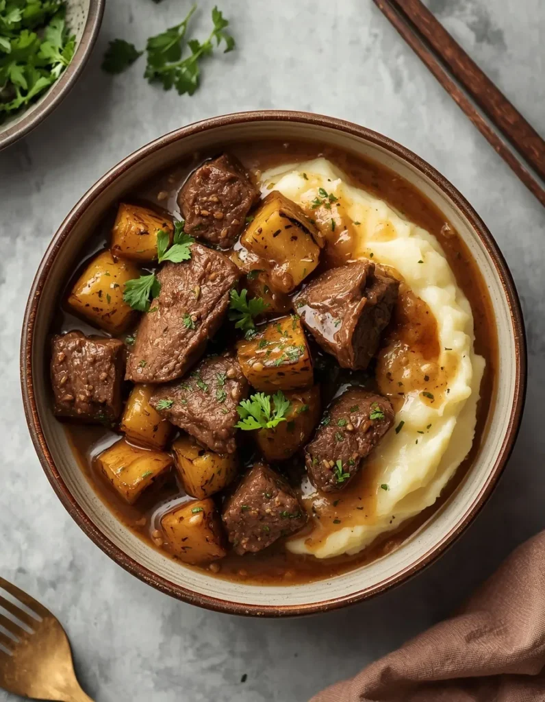 Best Braised Beef Tips Recipe with Rich Gravy and Mashed Potatoes