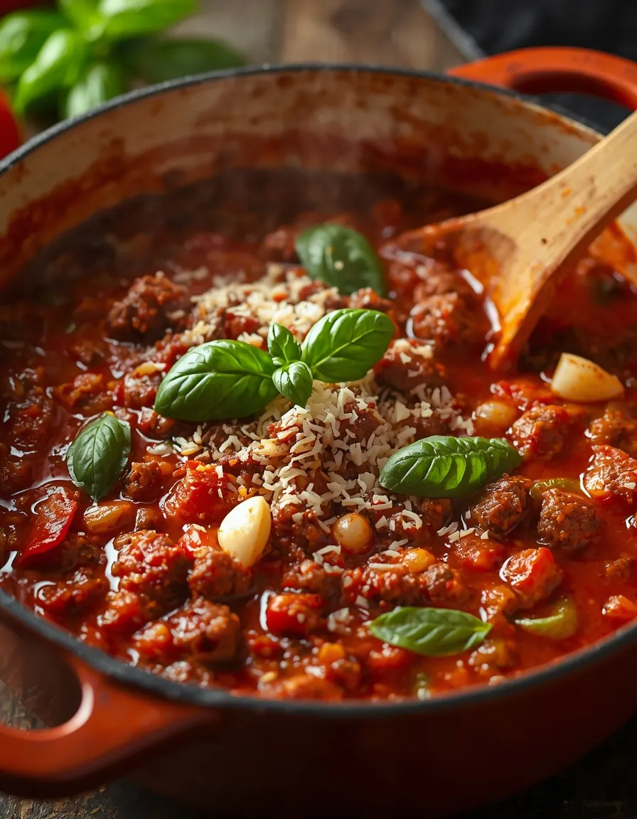 Homemade Spaghetti Sauce Recipe simmering in a Dutch oven with ground beef, Italian sausage, fresh basil, garlic, and Parmesan cheese