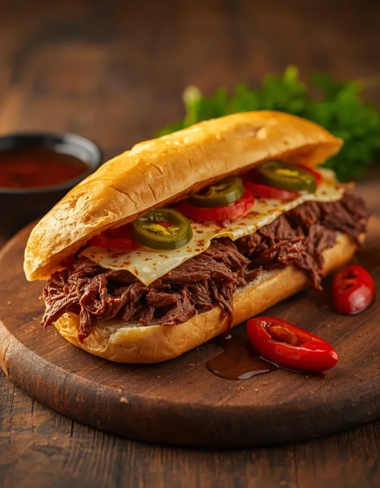 Italian beef sandwich recipe with tender shredded beef, melted cheese, pepperoncini peppers, and toasted hoagie roll.