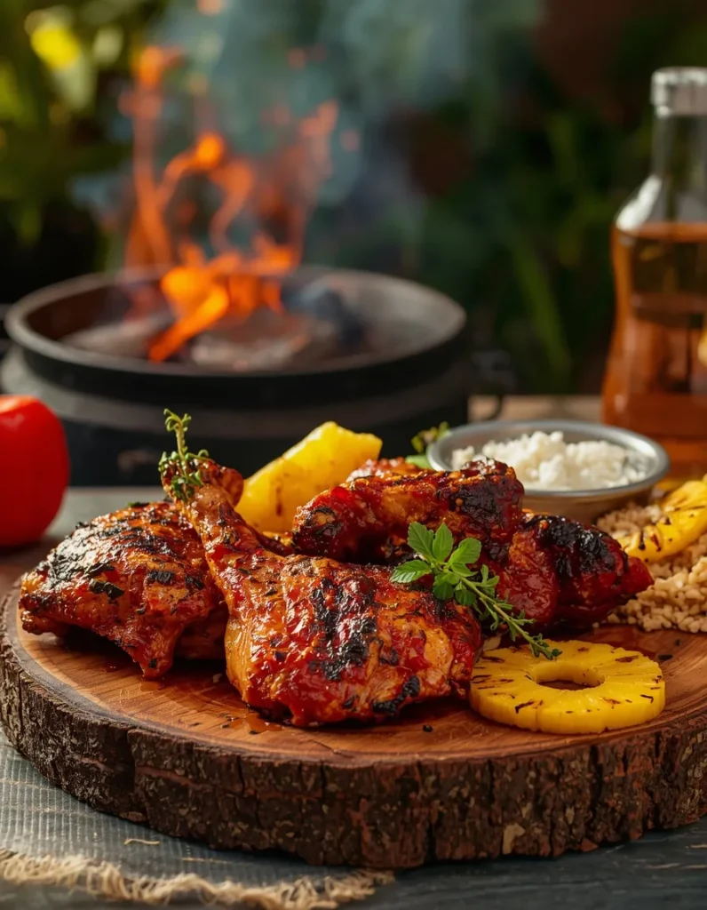 Jerk Chicken Recipe served on a rustic wooden board with grilled pineapple, smoky charred chicken, and Caribbean-inspired sides.