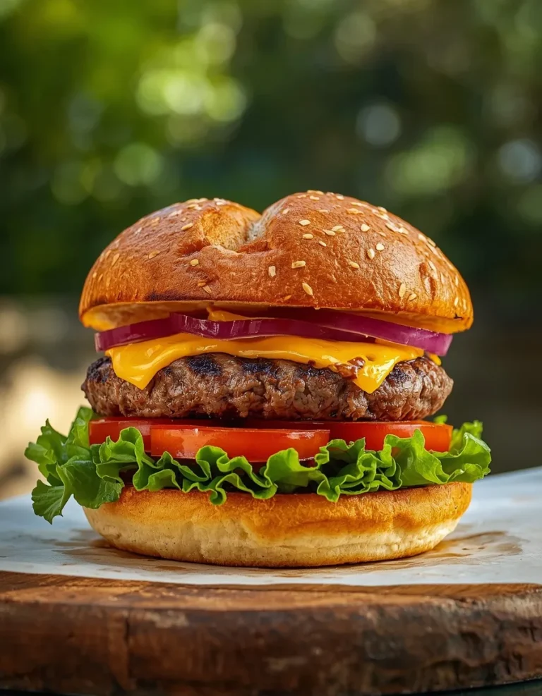 Perfect burger recipe with juicy grilled beef patty, melted cheddar cheese, lettuce, tomato, and red onion on a toasted brioche bun.