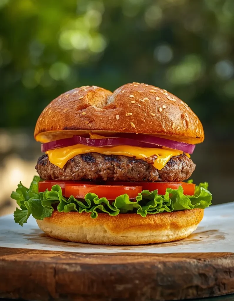 Perfect burger recipe with juicy grilled beef patty, melted cheddar cheese, lettuce, tomato, and red onion on a toasted brioche bun.