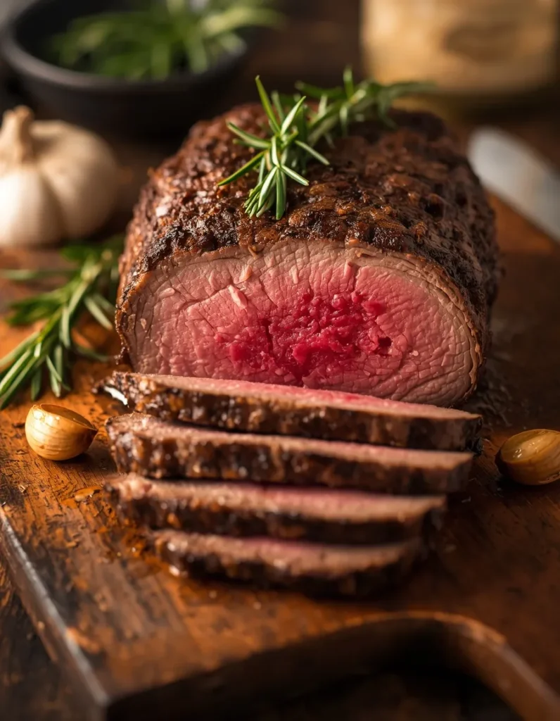 Slow Cooked Tri Tip Roast sliced on a wooden cutting board with a juicy pink center and fresh rosemary garnish