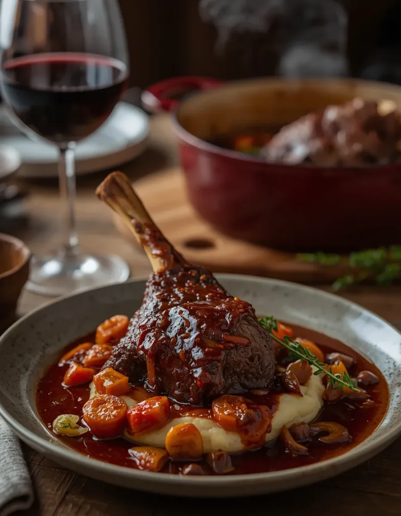 Braised beef shank covered in red wine sauce with carrots and mashed potatoes