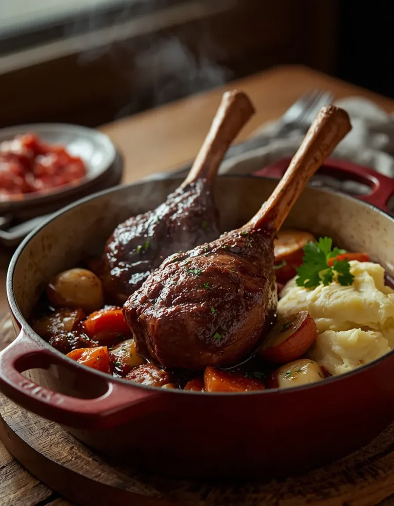 Braised Beef Shanks cooked low and slow with carrots, potatoes, and rich gravy