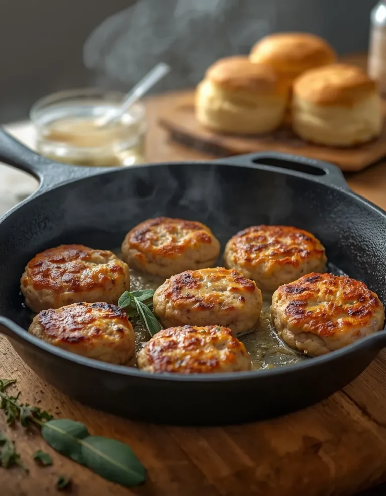 Homemade Breakfast Sausage Patties Cooking in Cast Iron Skillet