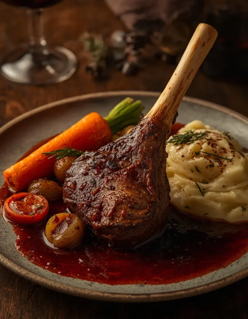 Braised Beef Shank in Red Wine served with mashed potatoes and vegetables