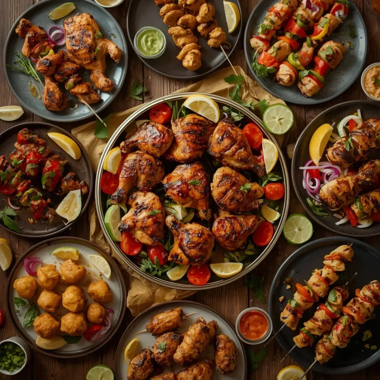 Grilled Chicken Recipes featuring assorted international grilled chicken dishes, fresh herbs, vegetables, and lemon.