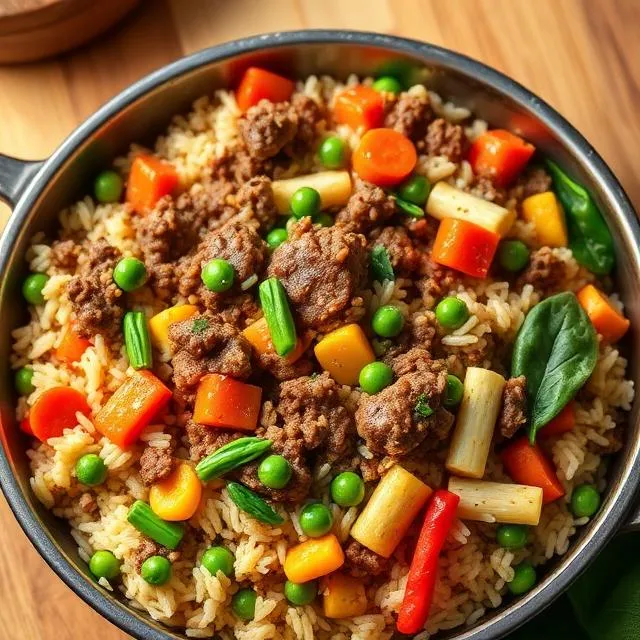 Beef and Rice with Veggies served as an easy one-pot dinner