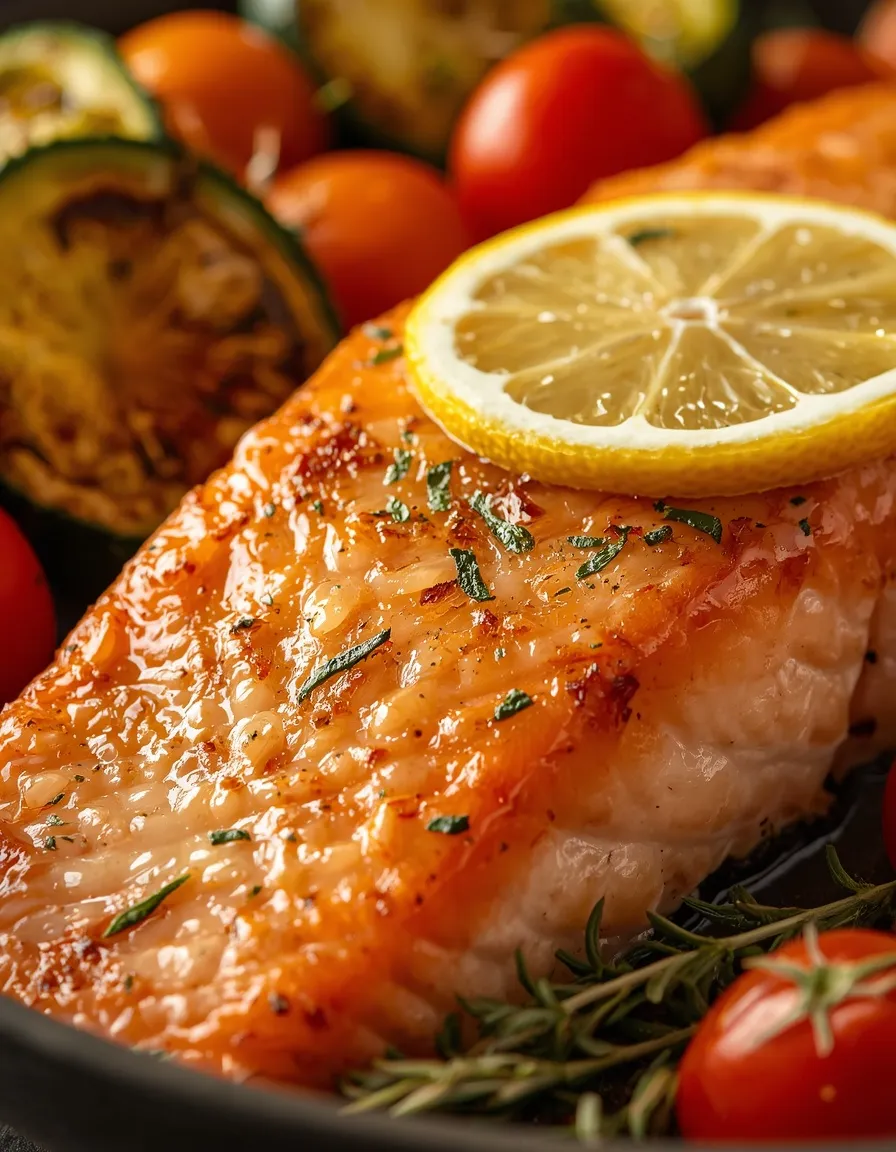 Baked Salmon with Vegetables with tender salmon, zucchini, bell peppers, cherry tomatoes, lemon, and fresh thyme.
