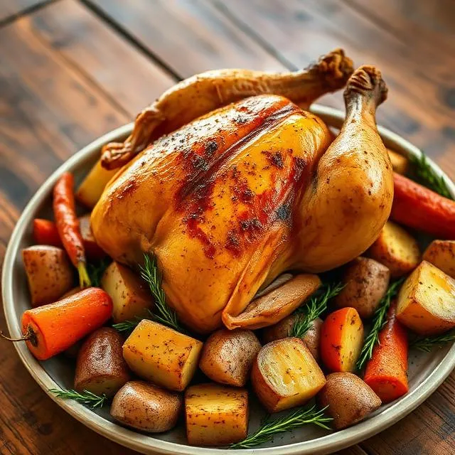 Chicken Brine Recipe served as a family dinner with roasted potatoes, carrots, garlic, and herbs.