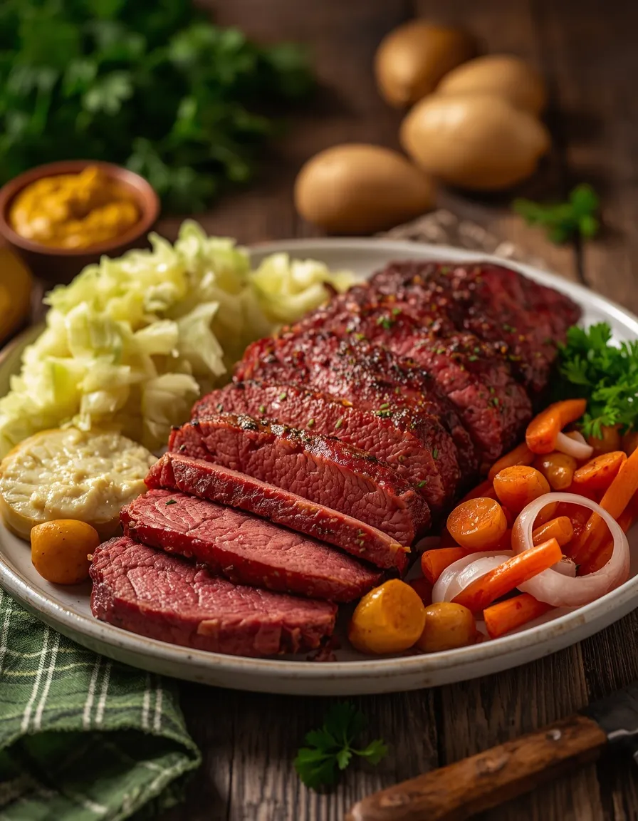 Corned Beef and Cabbage with tender brisket, potatoes, carrots, green cabbage, parsley, and mustard.