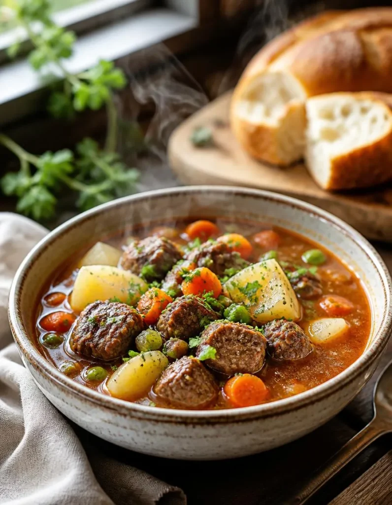 Vegetable Beef Soup with tender fall-apart beef, potatoes, carrots, peas, celery, and fresh parsley.