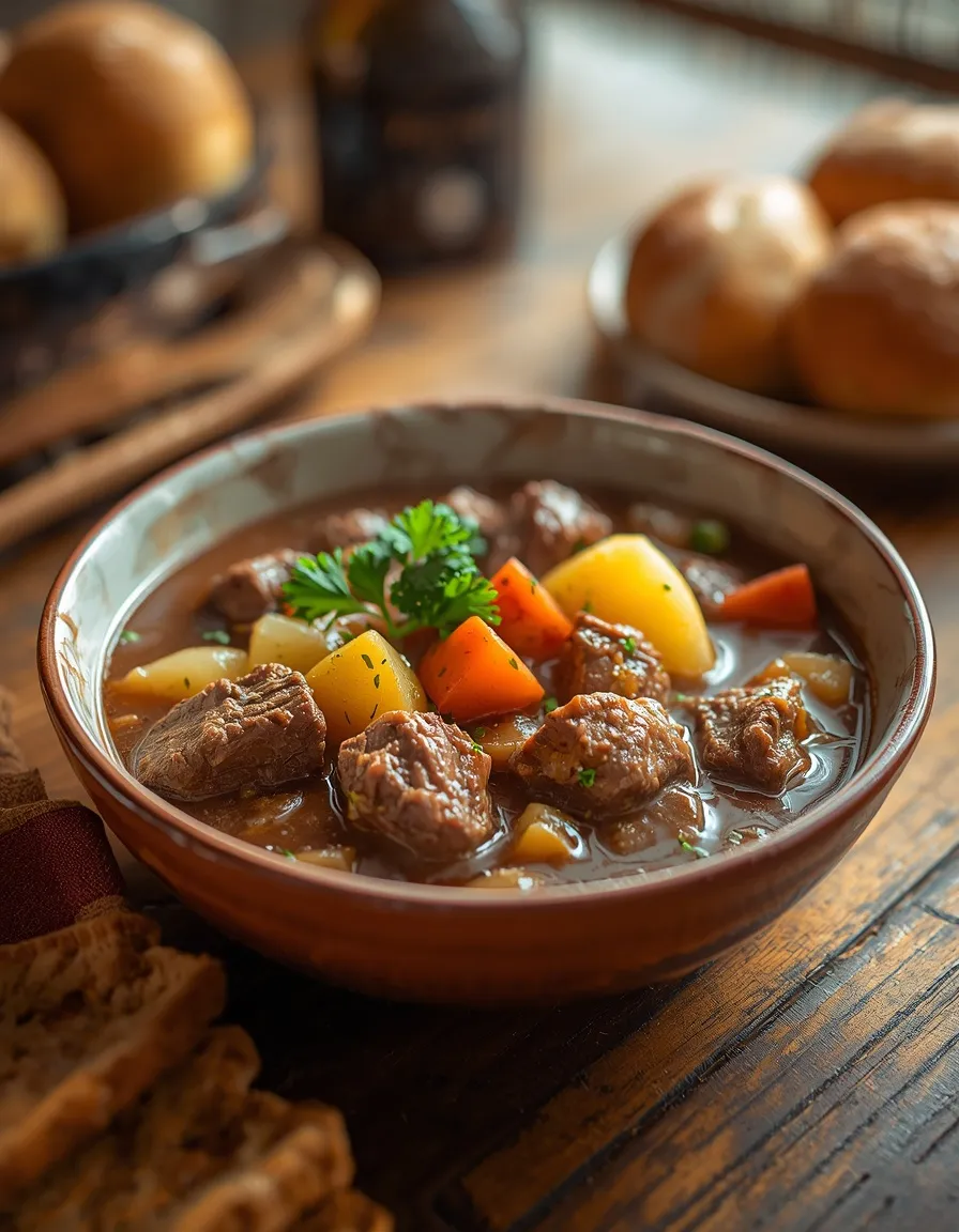 Crockpot Beef Stew with tender beef, potatoes, carrots, onions, and rich brown gravy.