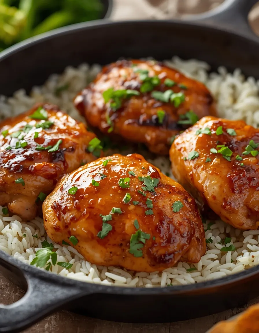 Honey Garlic Chicken Thighs with sticky glaze, rice, broccoli, and fresh cilantro
