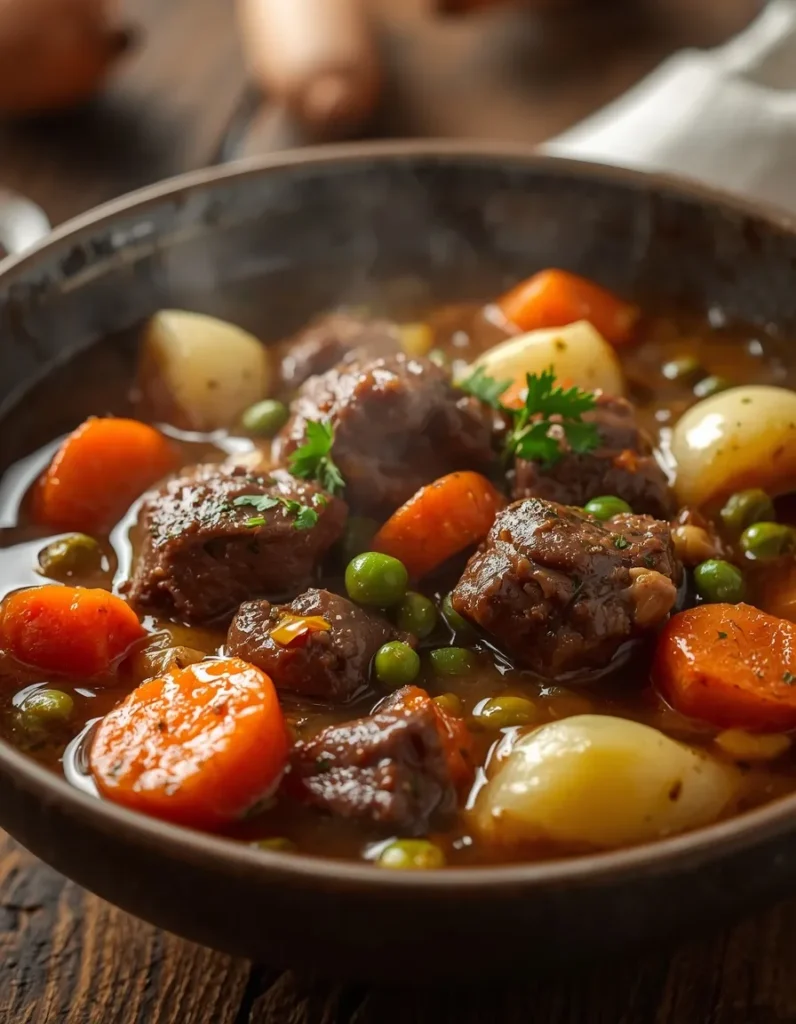 Instant Pot Beef Stew with tender beef, potatoes, carrots, peas, and rich gravy