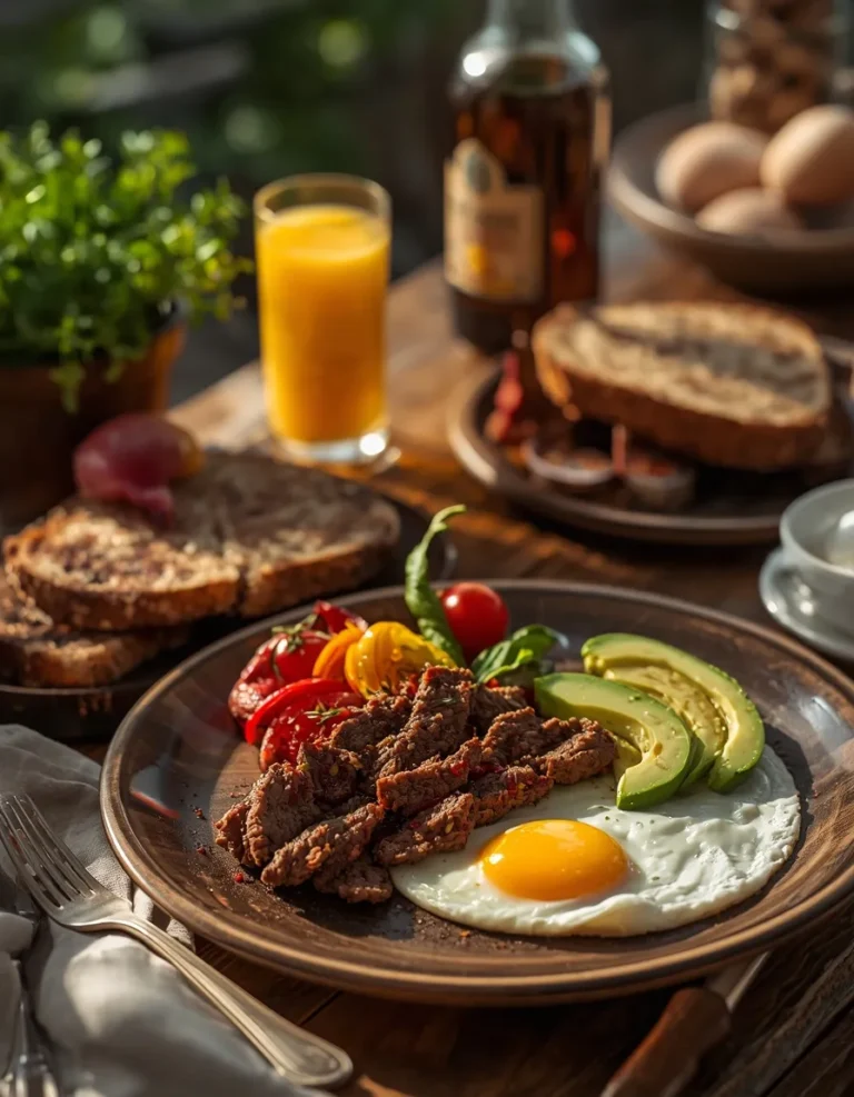 Lean Beef Breakfast with eggs, vegetables, and whole-grain toast