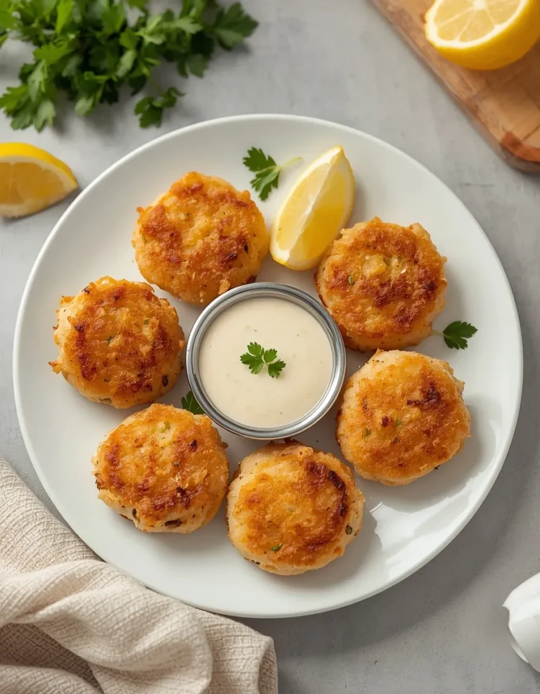 Light Maryland Crab Cakes with golden crispy edges, lump crab meat, lemon wedges, parsley, and dipping sauce.