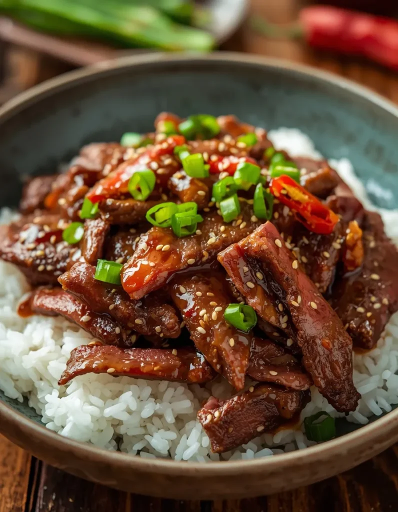 Mongolian Beef Recipe with crispy flank steak, glossy sauce, scallions, and red chili peppers
